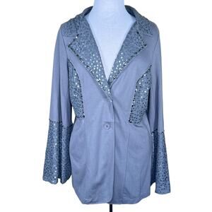 Venus Women’s Gray Knit Blazer with Lace, Sequins & Beaded Trim Size Large VGC